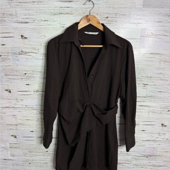 Zara Brown Cuffed Sleeve Dress collar long sleeve mini size large - Picture 1 of 7